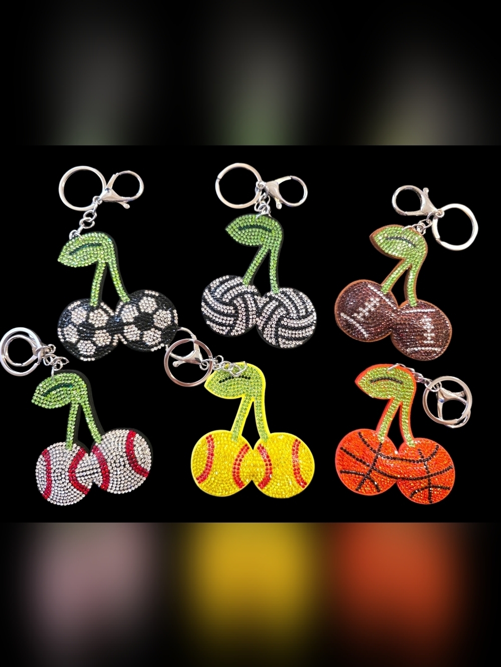 Sparkling Sports Ball Cherry Bag Charms Keychains - Assorted Colors